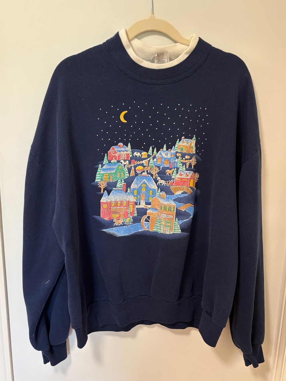 Vintage 90s Crewneck Double Collar Sweatshirt Navy Christmas Winter Village 3XL